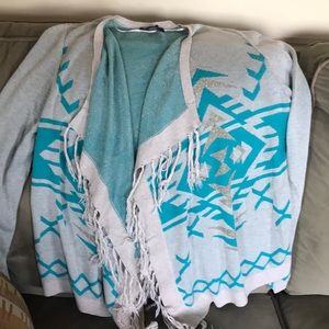 Pretty INC Aztec design sweater in turquoise gray and silver metallic threads.